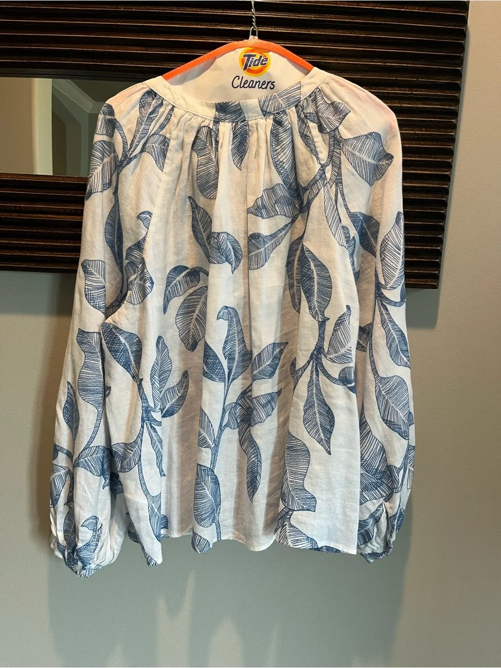Banana Republic White Blue Leaf Print Linen Boho Peasant Blouse Top Size XL